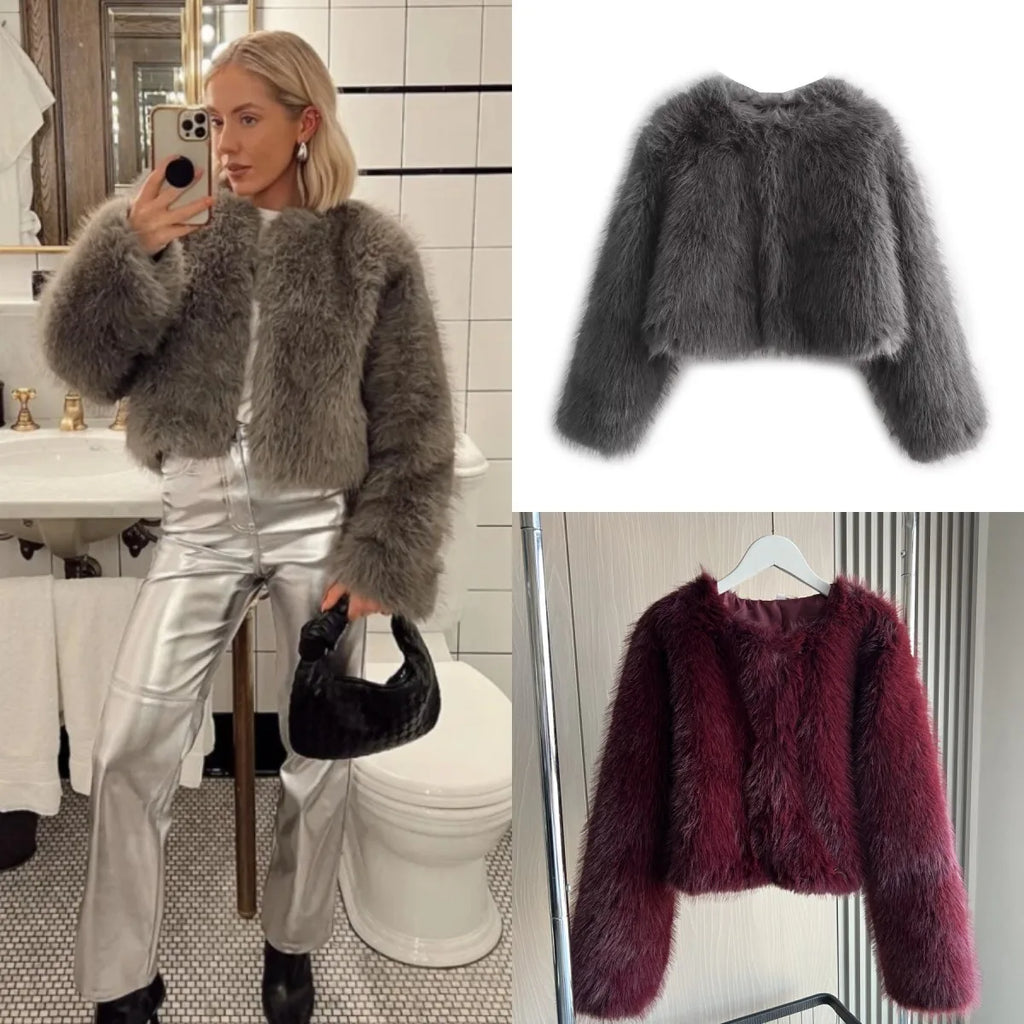 Women’s 2025 faux fur short jacket with round neck and long sleeves, perfect for cozy and stylish fall and winter fashion in the US and Canada