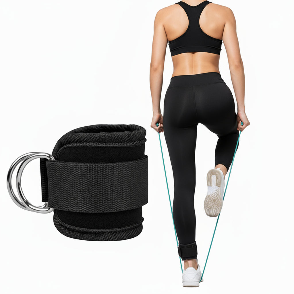 Fitness gantry ankle buckle training device with double D-tension foot rings and adjustable legging straps for effective leg and hip workouts.