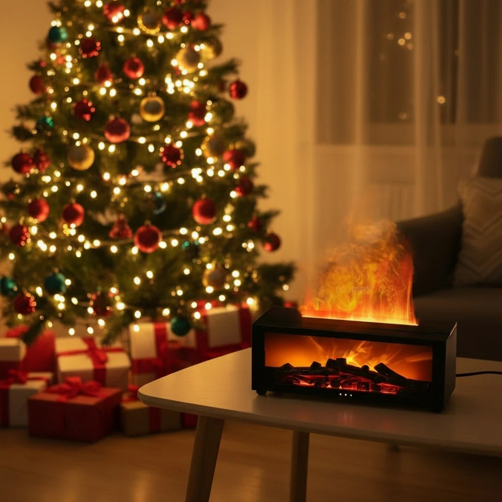 A flame effect essential oil humidifier with LED light and remote control, perfect for home aromatherapy and stylish air moisture.