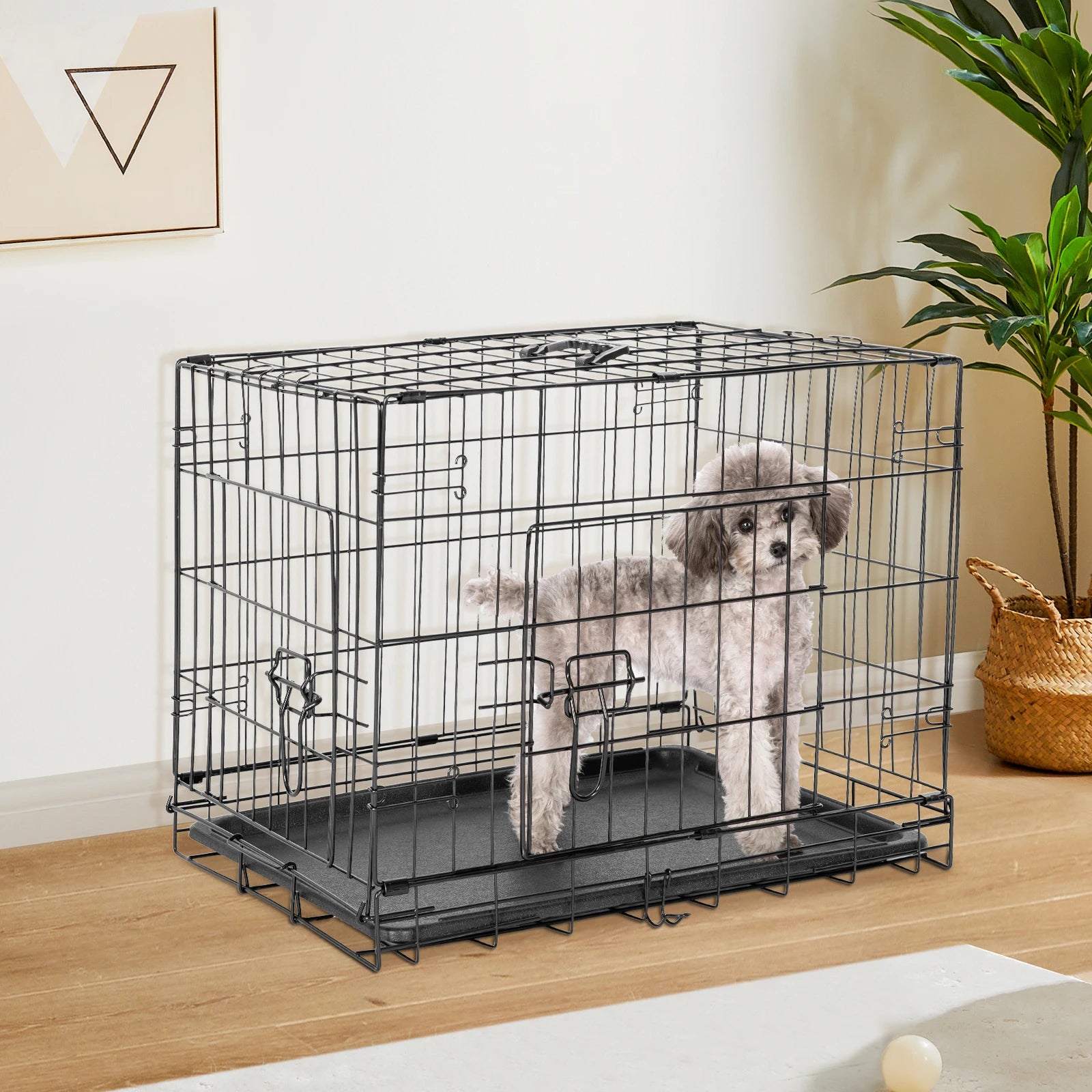 Extra-large folding metal dog crate with double doors and leak-proof plastic tray, ideal for indoor, outdoor, and travel use.