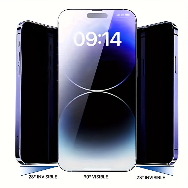 Anti-spy tempered glass screen protector for iPhone models, offering privacy, scratch resistance, and smooth touch sensitivity.  