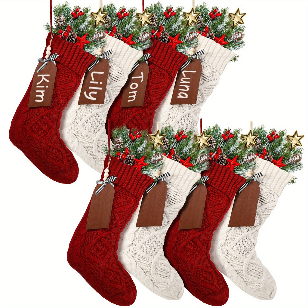 Set of 8 large Christmas stockings with DIY wood name tags perfect for Xmas party decorations red and white hanging decor