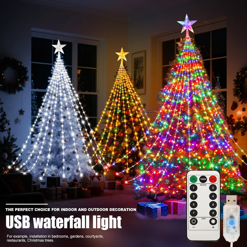 LED USB-powered waterproof Christmas tree lights with 8 lighting modes, ideal for indoor and outdoor decoration including trees, yards, and parties.