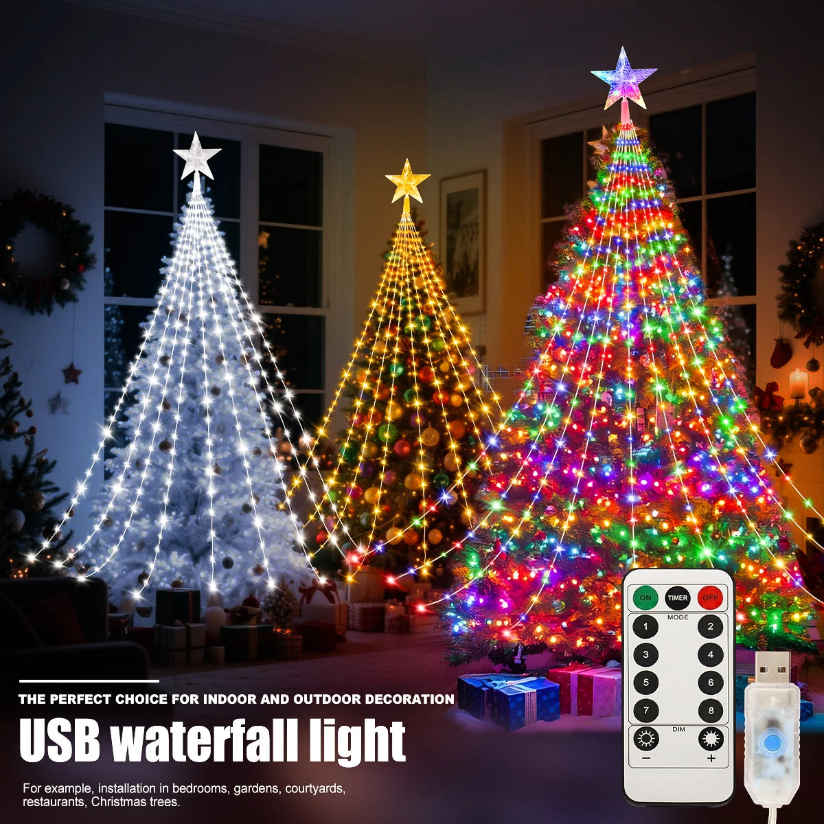 LED USB-powered waterproof Christmas tree lights with 8 lighting modes, ideal for indoor and outdoor decoration including trees, yards, and parties.