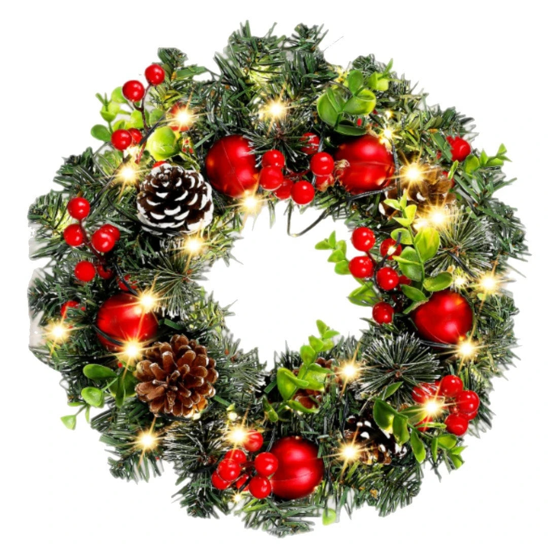 Elegant red LED Christmas wreath with berries and pine accents, ideal for decorating doors or walls during the holiday season.