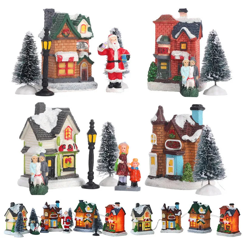 LED resin Christmas village decoration set featuring Santa Claus, pine trees, and snow-covered houses with warm lights, perfect for holiday displays.
