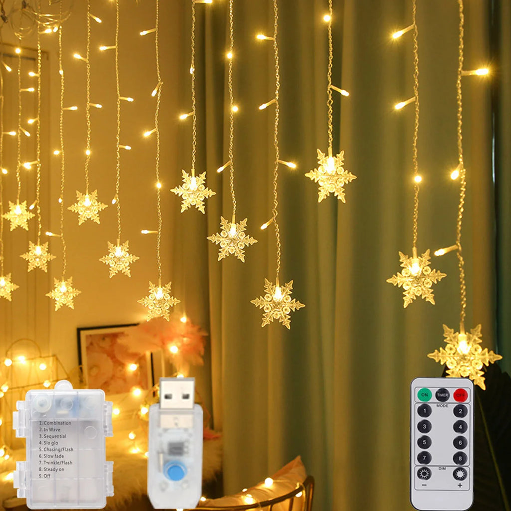 3M LED snowflake string lights for Christmas and New Year, USB-powered curtain garland perfect for outdoor and indoor holiday party window decorations in the USA and Canada.