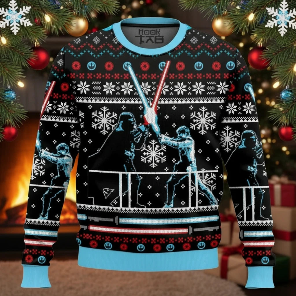Men's ugly Christmas sweater featuring a funny lightsaber duel design, perfect for holiday parties, festive events, or a humorous Christmas gift.