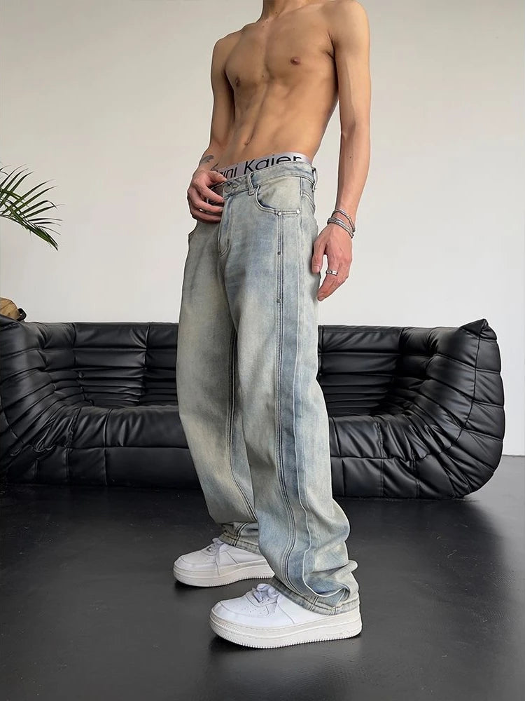 Men’s loose light blue baggy jeans with Y2K punk style and straight-leg fit, made of cotton, trendy vintage trousers for fall fashion in USA and Canada