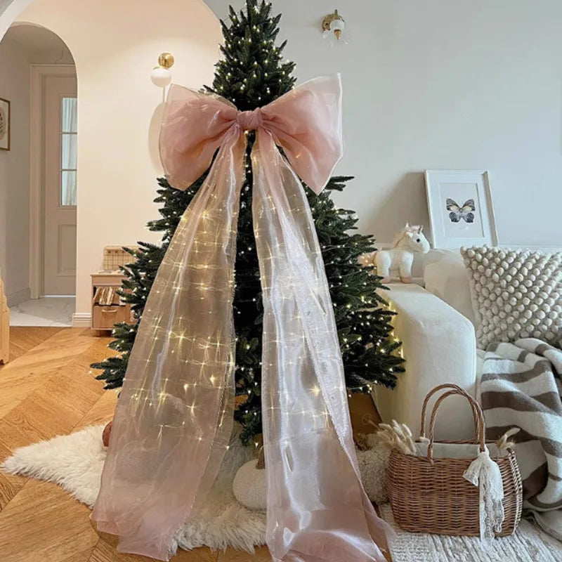 Large pink satin lace bow for Christmas tree or festive home decoration – elegant and soft holiday accessory