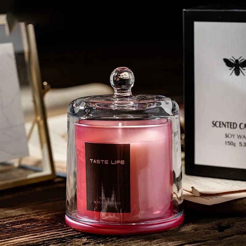 Natural soy scented candle in a glass jar, perfect for home relaxation, aromatherapy, and gifting – long-lasting 40-hour burn time.