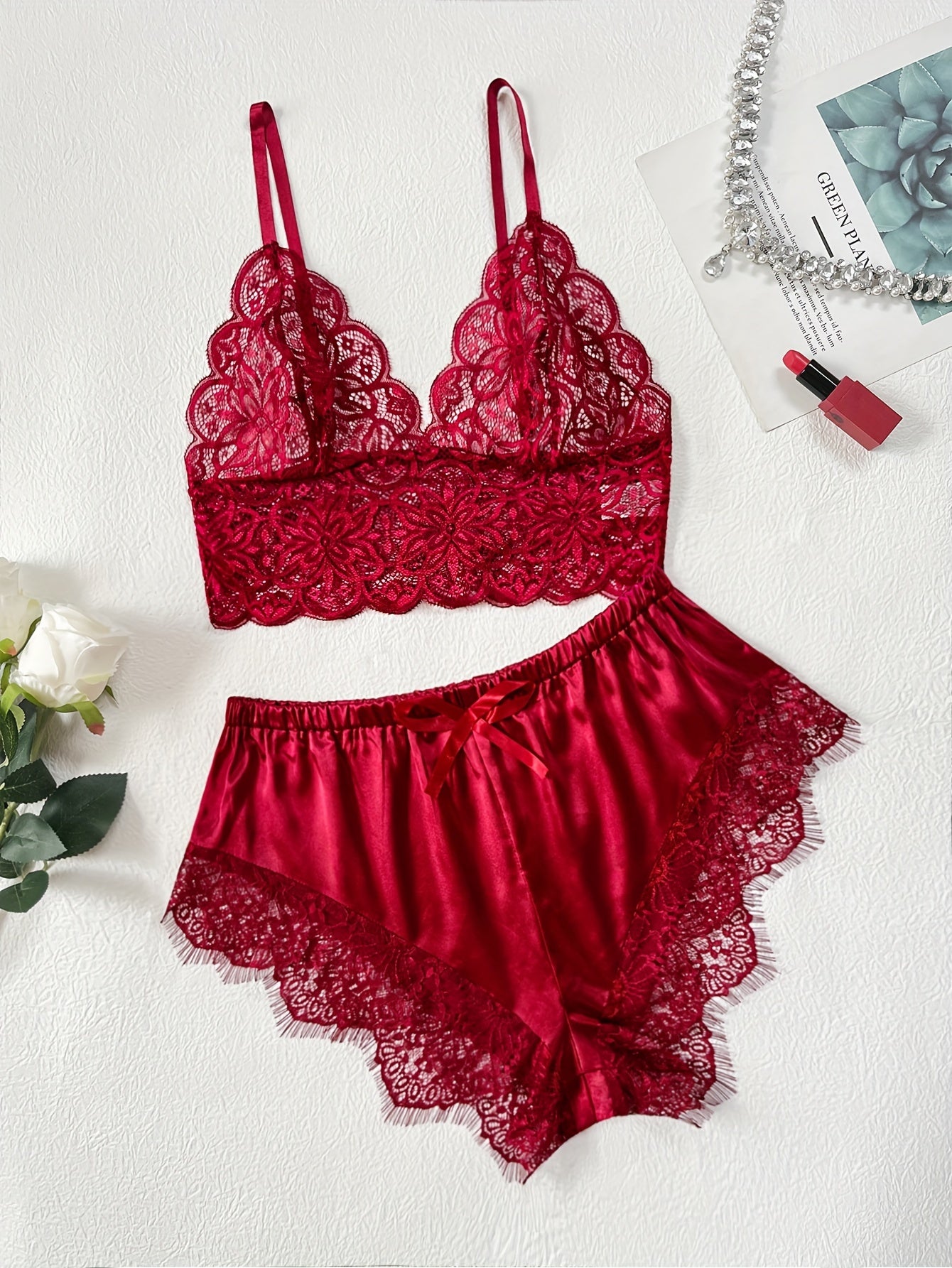 Sexy deep V lace satin lingerie set with lace patchwork flirty women underwear comfortable stylish USA Canada.