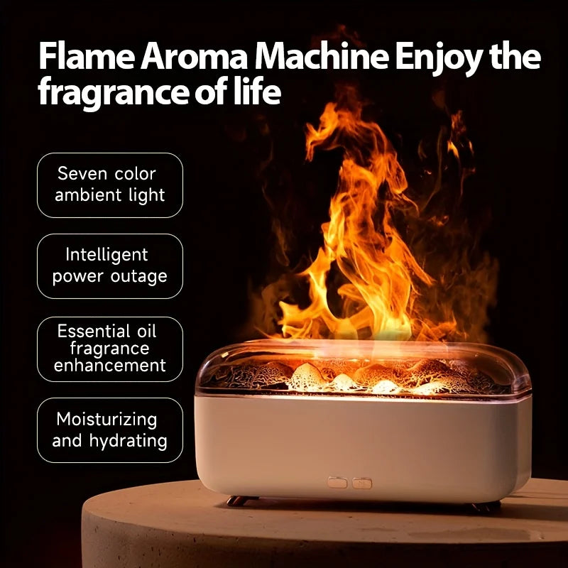 Simulated flame aroma diffuser with LED lights and adjustable timer, perfect for relaxing aromatherapy and air moisture in any indoor space.