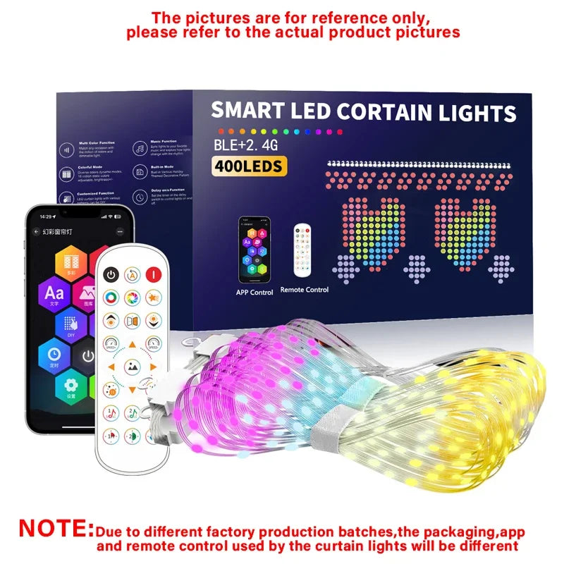 Smart curtain string lights with Bluetooth APP control and music sync feature, ideal for decorative lighting in bedrooms, events, and holiday setups.