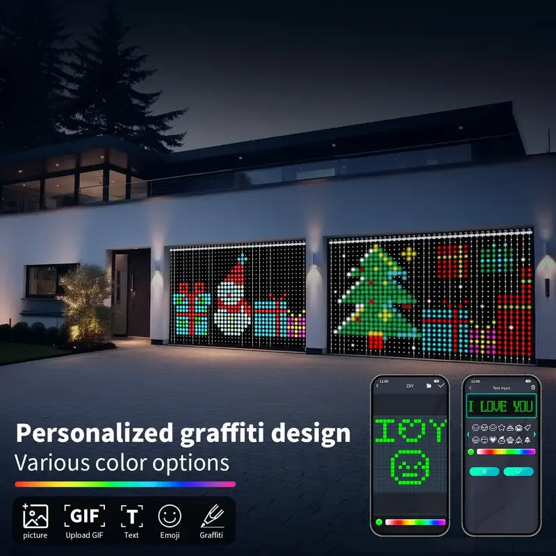 Smart 400 LED USB curtain string lights with app and remote control, music sync feature, perfect for Christmas and festive outdoor decoration.