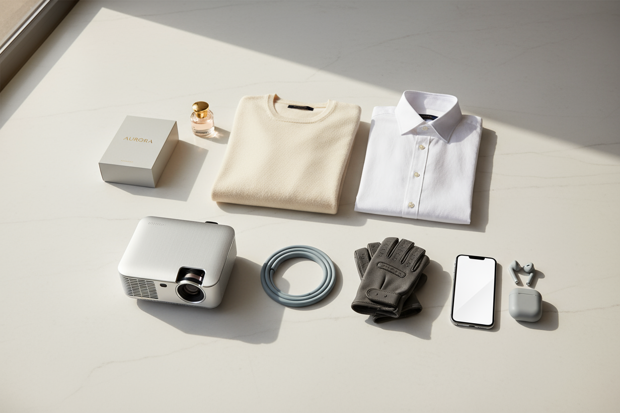 stwórz estetyczny, przyjemny obraz dla sklepu z ubraniami, perfumami, projektorami, akcesoriami na siłownię i telefonów. schludny, estetyczny, przyciągający