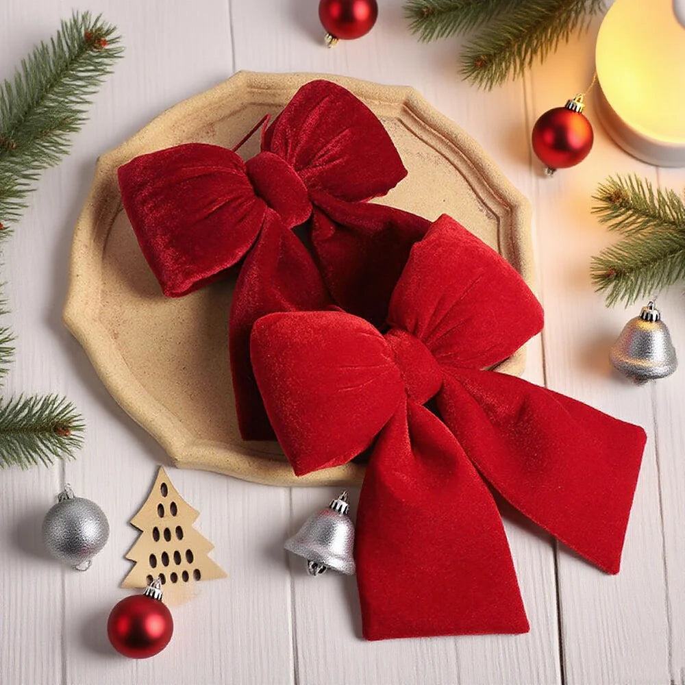 Velvet red Christmas bow decoration for wreaths, trees, and festive holiday home decor
