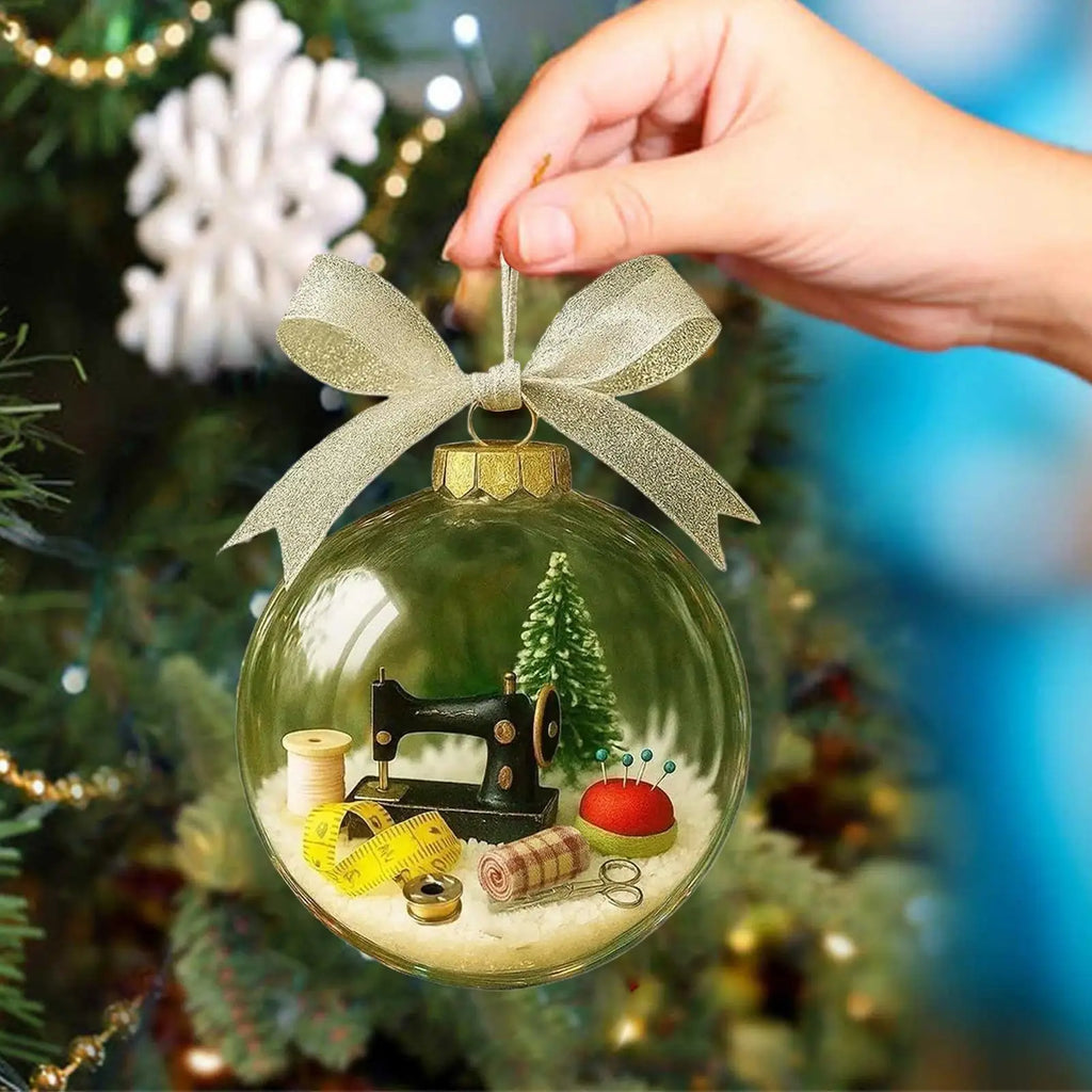 Vintage sewing snow globe with Christmas tree, perfect holiday décor for USA and Canada homes
