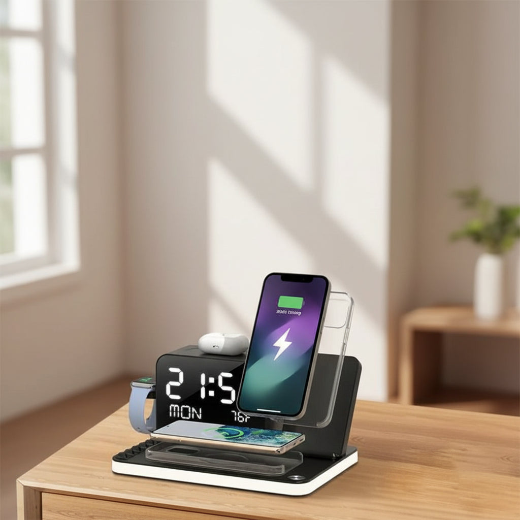 7-in-1 wireless charging station with LED clock and night light for fast charging smartphones, watches, and earbuds on a single compact stand.