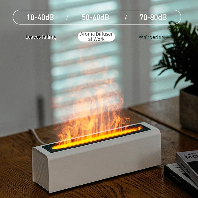 Wireless humidifier with flame light effect, 150ml tank, and 7-color LED night light for aromatherapy in cars, homes, or offices.