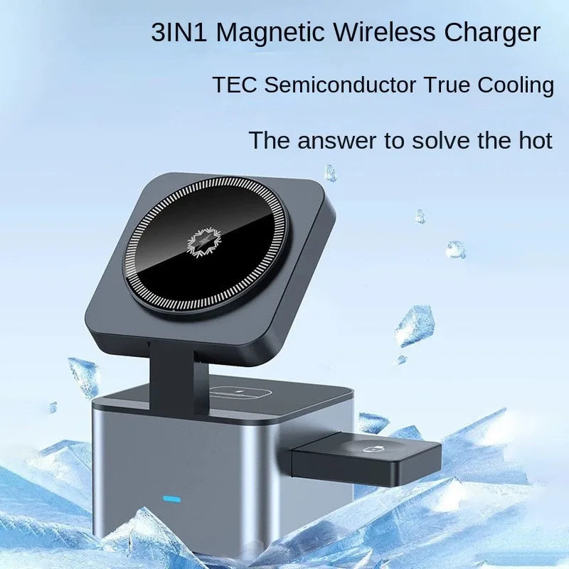 15W wireless magnetic 3-in-1 fast charger for smartphone, smartwatch, and earbuds with vertical design for home or office in USA and Canada