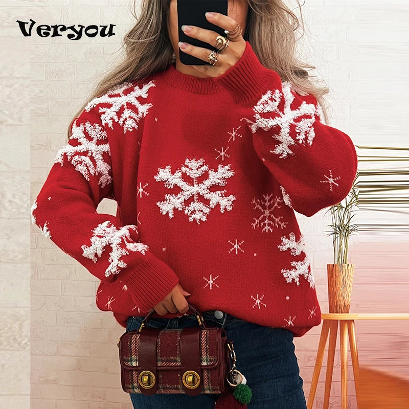 Women's Christmas sweater with snowflake print, featuring a cozy knit design, long sleeves, and a casual O-neck perfect for winter holidays.