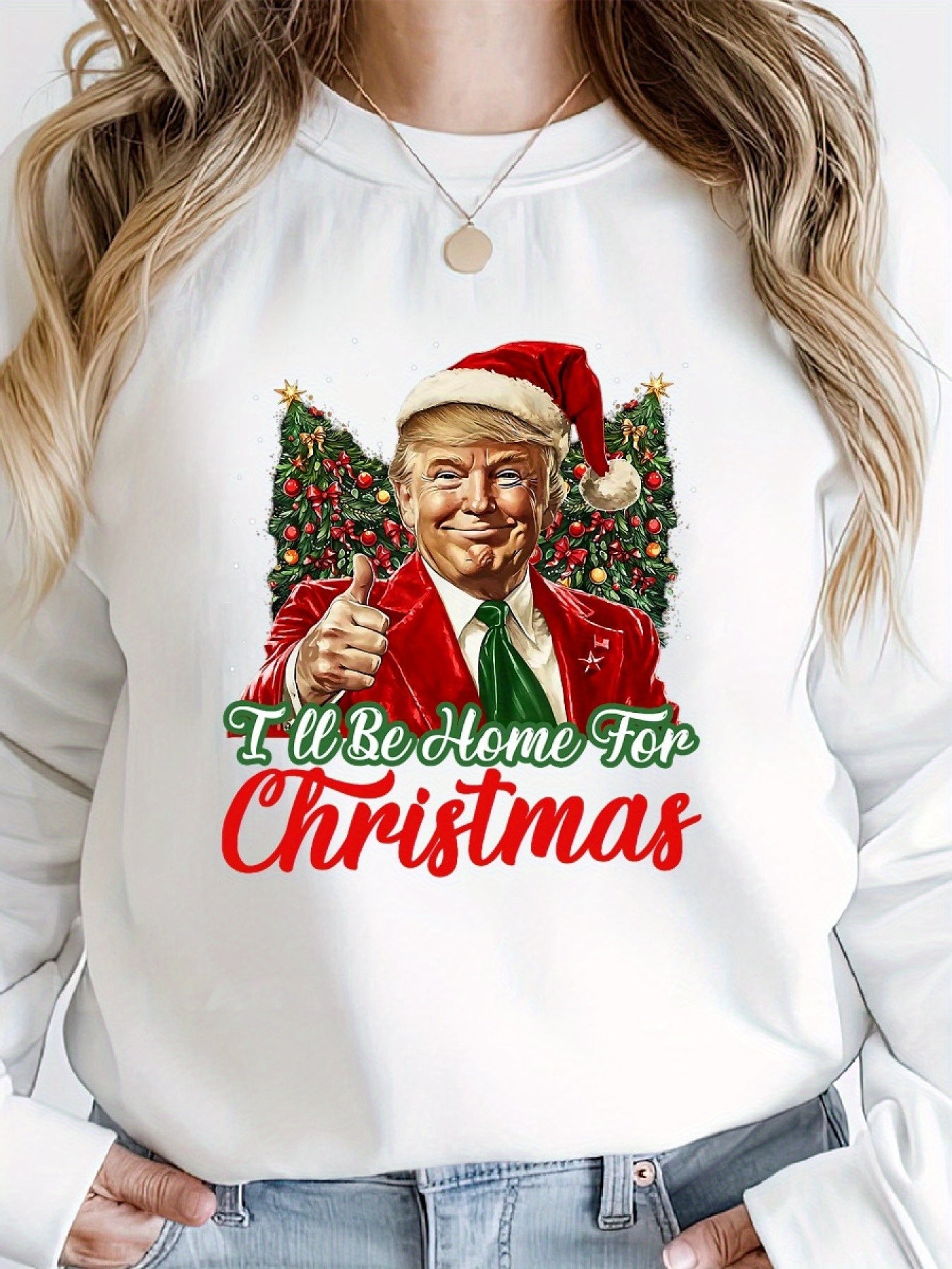 Womens cozy Christmas sweater Ill Be Home For Christmas graphic casual crew neck long sleeve pullover cotton blend knit festive holiday top for fall winter Trump likes it 