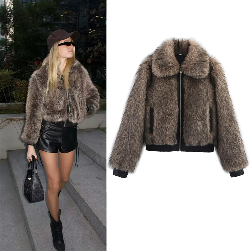 Women’s brown faux fur jacket with long sleeves perfect for fall 2025 casual fashion in USA and Canada.