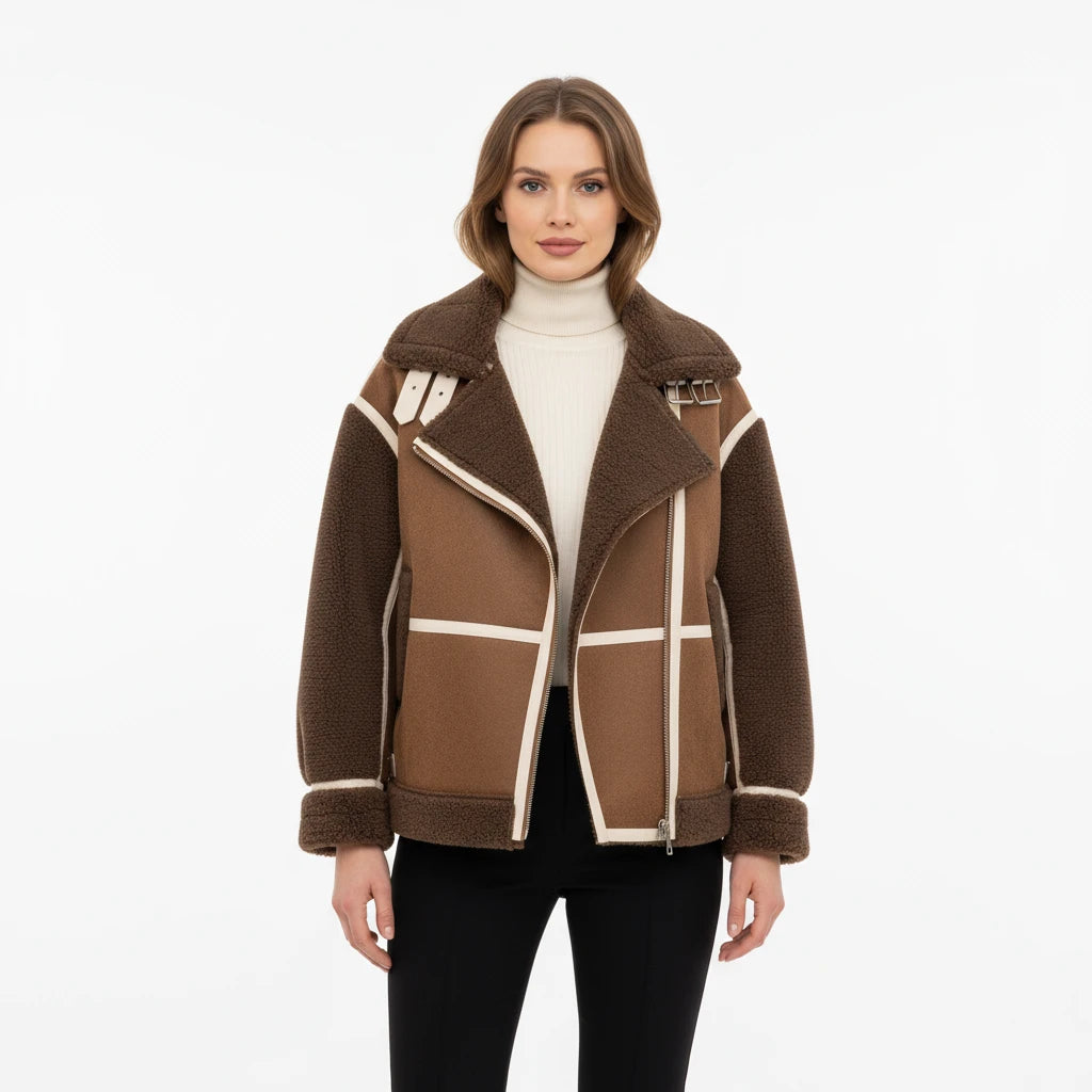 Women’s 2025 winter motorcycle jacket with leather exterior and thick premium lamb fur lining in Korean fashion style for USA and Canada market